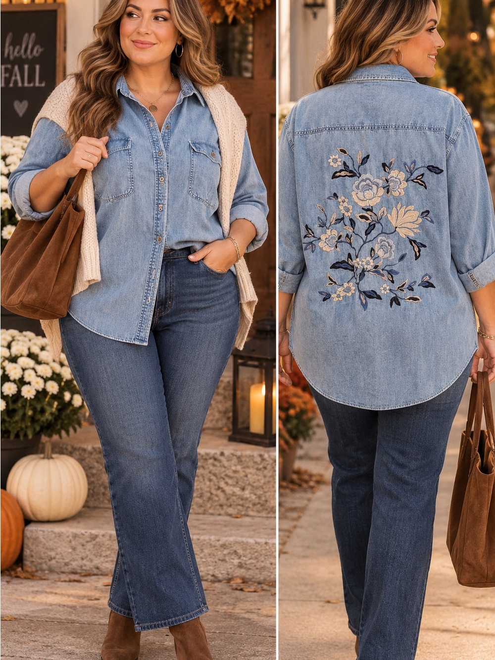American Eagle Outfitters Embroidered Light Wash Denim Button-Up Shirt